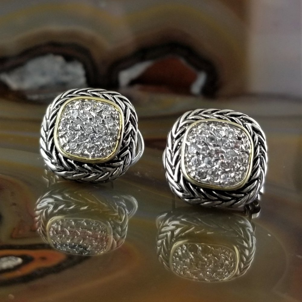 Designer Inspired Silver & Gold Pave CZ Princess Cut Cable Earrings